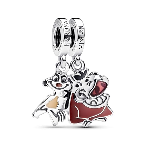 Pandora Disney Colgante divisible con diseño de Timón y Pumba de El rey león en plata de ley con esmalte rosa, burdeos, negro, beis y marrón
