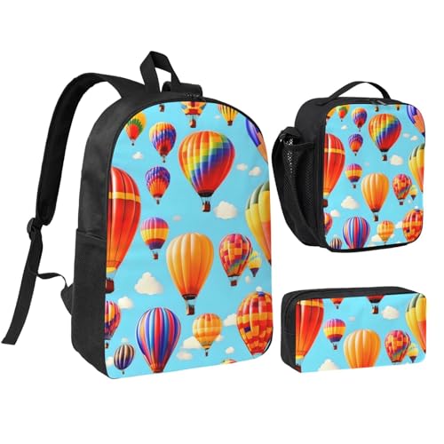 Hot Air Balloons print Shoulder Bookbags Lunch Bag and Pen Case 17 inches Backpack with Lunch Box, Cute Bookbag Set