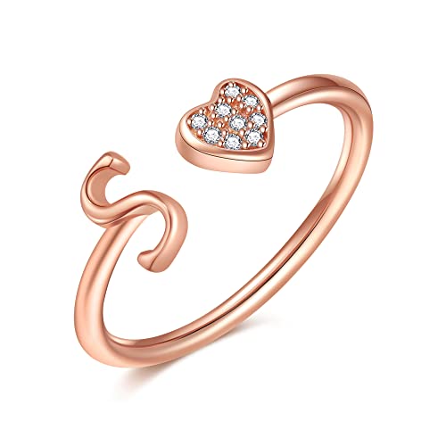 Image of Initial Rings for Teen Girls - S925 Heart Sterling Silver Rings for Teen Girls | 14K Gold /Rose Gold /Sterling Silver Plated Ring for Girls Kids Women Ring for Teenager Girls Gifts Adjustable, No Tarnish, Hypoallergenic