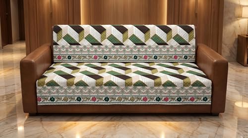 Image of Luxury Sofa Cover L Shape 6 Seater with Matching Cushion Cover 16x16 inch - Royal Green Chevron 3+3 Seater (6 Seater) Quilted Sofa Cover Set Pack of 11, Washable, Green Multicolor