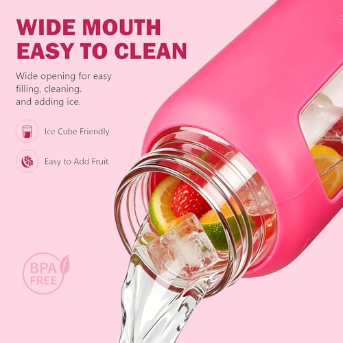 Image of 32 oz Glass Water Bottle with Straw - 2 Lids (Bamboo & Spout Lid), 1L Motivational Borosilicate Glass Daily Water Intake Bottle with Time Marker, Silicone Sleeve for Home Office-Rose Red