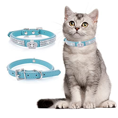 cobee Hundehalsband mit Strass, verstellbares Katzenhalsband Bling Pu Leder Welpenhalsband Kristall Haustierhalsbänder für kleine Hunde Katzen Halsbandzubehör(Blau)
