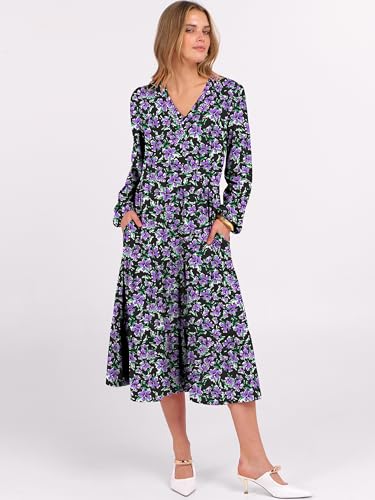 Image of ANRABESS Women's Long Lantern Sleeve Floral Midi Dresses 2026 Fall V Neck Casual Flowy A-line Tiered Boho Vacation Dress