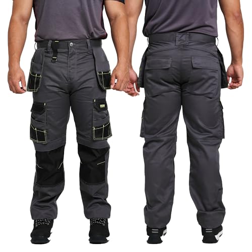 NOROZE Pantalones de Trabajo Tipo Cargo para Hombre de Constructor Profesional de Servicio Pesado - Bolsillos Reforzados para Rodilleras, Múltiples Bolsillos utilitarios (Gris/Amarillo-38W/31L)