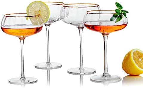 Lysenn Vintage Coupe Glasses Set of 4 - Hand Blown Gold Rim Martini Glasses - for Your Next Cocktail & Champagne Party - 9fl oz