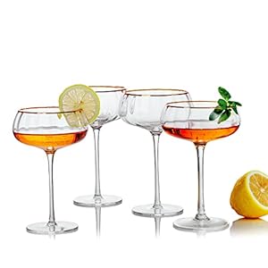 Lysenn Vintage Coupe Glasses Set of 4 – Hand Blown Gold Rim Martini Glasses – for Your Next Cocktail & Champagne Party – 9fl oz