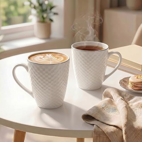 Image of UPC White Bone China Mug Set of 2 with Silver Rim | Textured Ceramic Coffee & Tea Mugs | Elegant Microwave Safe Drinkware for Home & Office