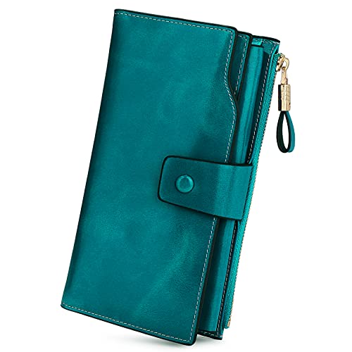 Wallet Women Genuine Leather RFID Blocking Large Ladies Purse Card Holder Organizer Clutch, Leather 1 Blue Green, One Size2