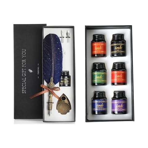 VANGOAL Blue Feather pen and 6 Colors Ink Set Cover