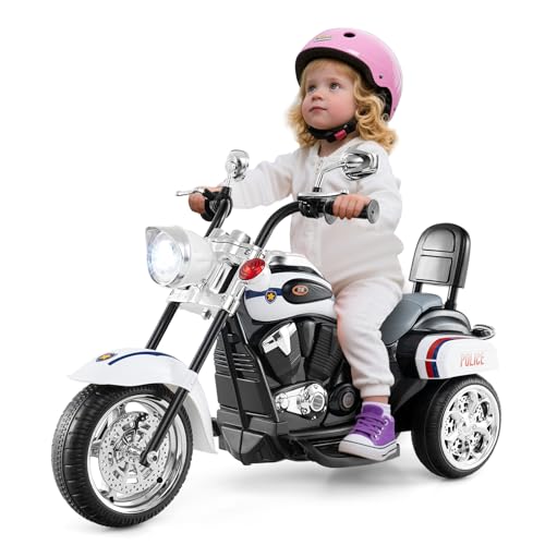 SOARS Moto eléctrica para niños de 6 V con 3 ruedas con luces LED y sonidos, ciclomotor con acelerador de pedal, moto con espejo, 3 km/h, carga 30 kg, 3 + años (blanco-policía)