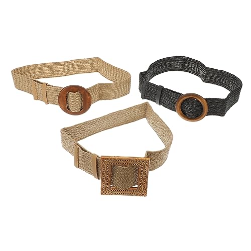 FRCOLOR 3Pcs Wide Braided Elastic Waist Belts for Women Imitation Straw Woven Dress Belts Buckles Stylish Accessory for Bohemian Outfits