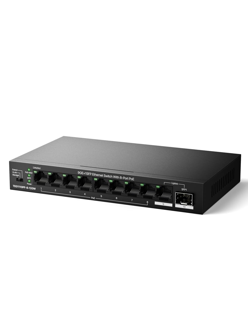 Tenda Switch PoE Gigabit 10 Ports, 8 Ports PoE+, 110 W pour Tous Les Ports PoE, 2 Ports Uplink RJ45 et SFP, VLAN, portée jusqu'à 250 m, Boîtier Métal, Silencieux, Plug-and-Play (TEG1110PF-8-120W)