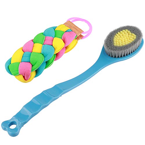 Cepillo de baño de espalda con cerdas suaves de nailon, cepillo para baño de mango largo + cuidado de la piel Exfoliante Esponja Back Strap para el cuerpo lavado, frotar los pies y exfoliar (azul)