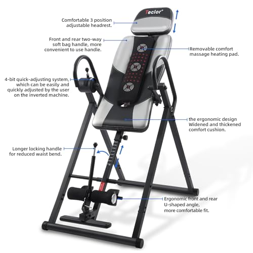 Teclor Advanced Heat and Massage Strength Training Inversion Table for Back Pain Relief,Heavy Duty Inversion Table 350 lbs Capacity with Wider and Thickened Backrest, Silver/Black - Thumbnail 2
