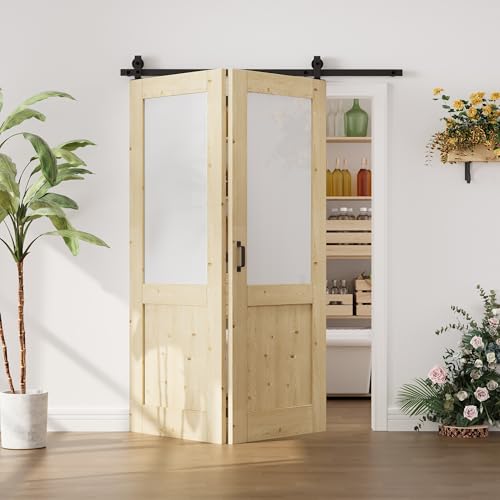 Image of 56 inchx80 inch Bifold Barn Door and 64 inch Track Kit, Upper Glass, Lower Pine Panel