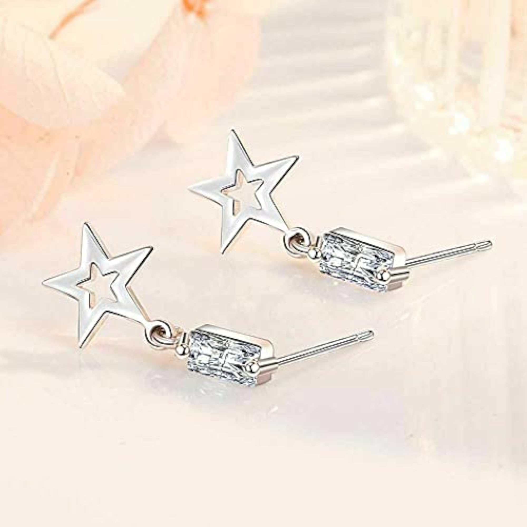 CZ Star Drop Earrings, Dangle Earrings with Embellished Zirconia