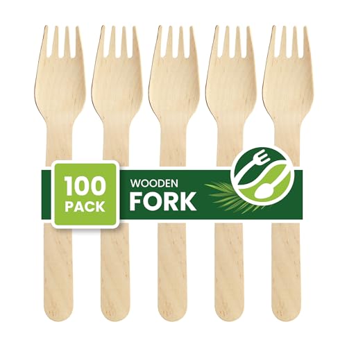 Eco Leaf Wooden Forks, 16cm | 100pcs | Biodegradable, Compostable, Plastic-Free Cutlery for Weddings, Picnics, Parties, Camping & Catering | Ideal for Desserts