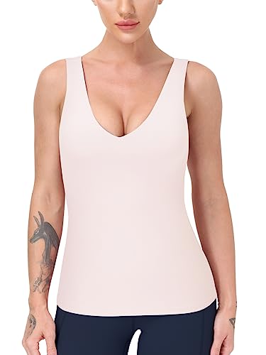 Image of Workout Tops for Women Yoga Tank Tops with Built in Bra Wirefree Padded Yoga Bras Gym Running Athletic Shirt V-Neck Camisole