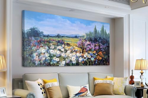 Acocifi Flower Canvas Wall Art Rustic Floral Fields Landscape Picture Textured Painting Colorful Country Scenery Large Artwork Framed for Living Room Bedroom Bathroom Kitchen Office Home Decor 58