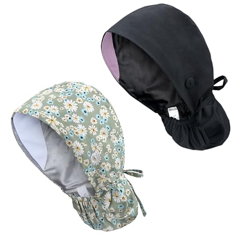 Image of Adjustable Scrub Working Cap with Ponytail Pocket, 2 Packed Satin-Lined Cotton Surgical Working Hat with Button, Elastic Bandage Tie Back Hats Sweatband for Women & Men, One Size
