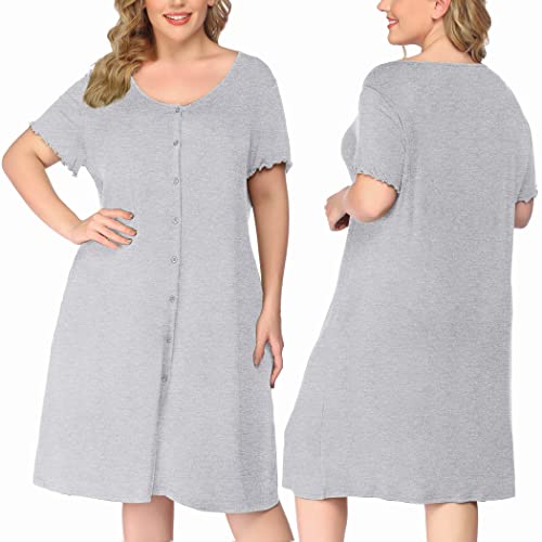 Image of Ekouaer Women's Nightshirt Short Sleeve Button Down Nightgown V-Neck Sleepwear Pajama Dress