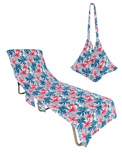 Beach Pool Patio Lounge Chaise Chair Cover Towel with Pockets,Tropical Floral Absorbent & Quick Dry Microfiber Towel Cover Bag Summer Travel Accessories Blue Palm Leaves Red Countryside Flower