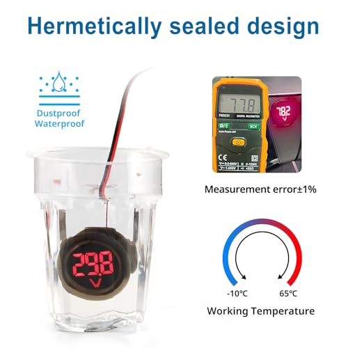 VooGenzek DC 5-100V DC Digital Voltmeter Wasserdicht, 2 Drähte Spannungsmesser 3-Digit LED Anzeige, mit Anti Konnection Schutz, für Autos Fahrzeuge Motorräder Boote, Rot