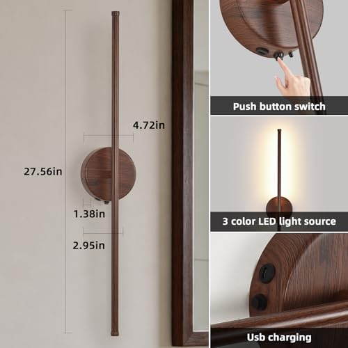 Image of Wall Sconces Battery Operated Set of Two, Faux Walnut Finish Wall Light with Remote Control 350 Rotate, 27.6 Inch Dimmable USB Rechargeable Wall Lamp for Living Room Bedroom Hallway