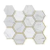 Lovdeco 3" Carrara Marble Stone Mosaic Tile 5 Sheets Shower Tiles, White Hexagon with Gold Metal Str