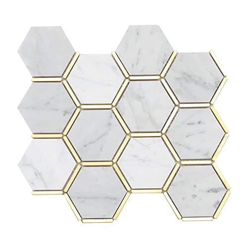 Lovdeco 3" Carrara Marble Stone Mosaic Tile 5 Sheets Shower Tiles, White Hexagon With Gold Metal Strips Marble For Bathroom And Kitchen #TOP14