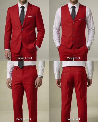 Image of YND Men's 3 Piece Suit with Tie, Solid Color Slim Fit Jacket Vest and Pants