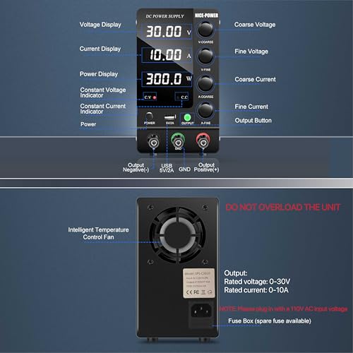 NICE-POWER DC Power Supply Variable 30V 10A, Adjustable Switching Regulated DC Bench Power Supply with Output Switch High Precision 4-Digit LED Display, Benchtop Lab Power Supplies with 5V/2A USB Port - Image 3