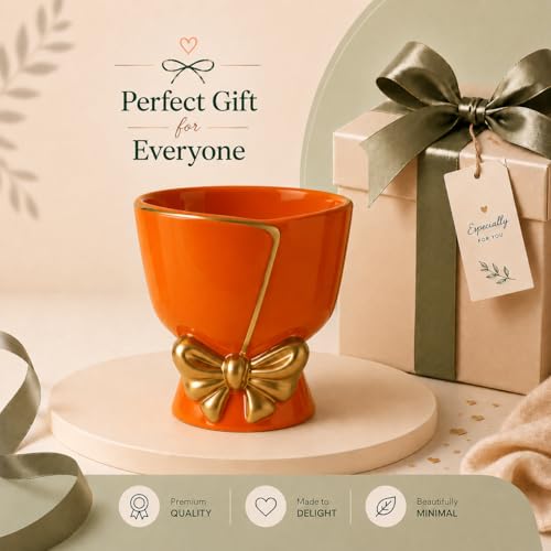 Image of Xtore Ceramic Bow Planter Figurine | Gloss Finish | Decorative Flower Pot for Home & Balcony - (Pack of 1, Orange, Planter ONLY)