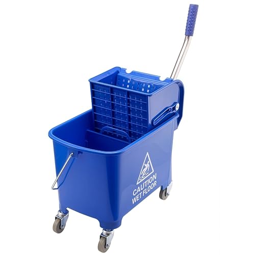 EASYROSE Mop Bucket with Wringer on Wheels 20L Heavy Duty Commercial Mop Bucket Industrial Kentucky Mop Pail with Heavy Duty A3 Steel Lever & Caution Sign Cleaning Cart Blue