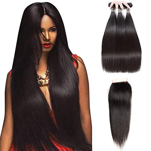 Puddinghair Straight Brazilian 3 Bundles with Closure Unprocessed 100% Virgin Hair Bundles Natural Black Brazilian Human Hair Hundles(26"28"30"+20"Free Part Closure)