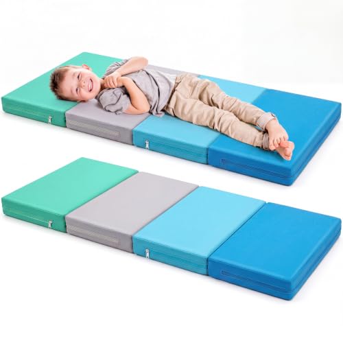 Image of Wesiti 1 Pcs Nap Mats for Preschool 2 Inch Thick 47x24 Folding Rest Mat 4 Section, Sleeping Pad for Kids Children Daycare Nap School Classroom Kindergarten Daycare Travel Home in Green Blue