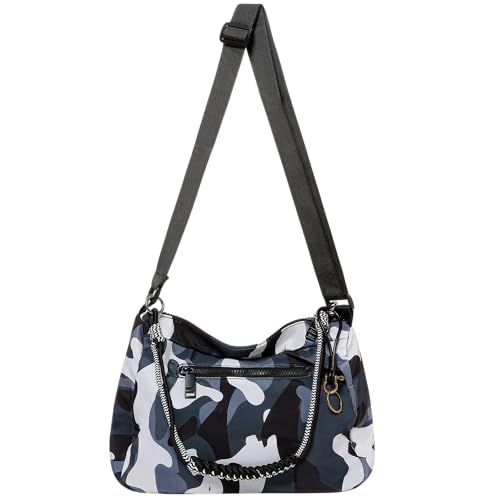 Womens Camouflage Adjustable Crossbody Zipper Hobo Bag with Genuine Leather, Canvas Polyester Travel Shoulder Handbags