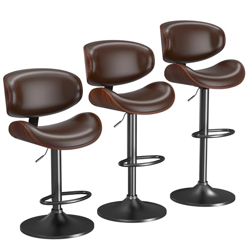 Image of YaFiti Bar Stools Set of 3, Bar Stools for Kitchen Island with Bentwood Back and Leather Seat, Swivel Bar Stools for Kitchen Counter, Bar, Brown