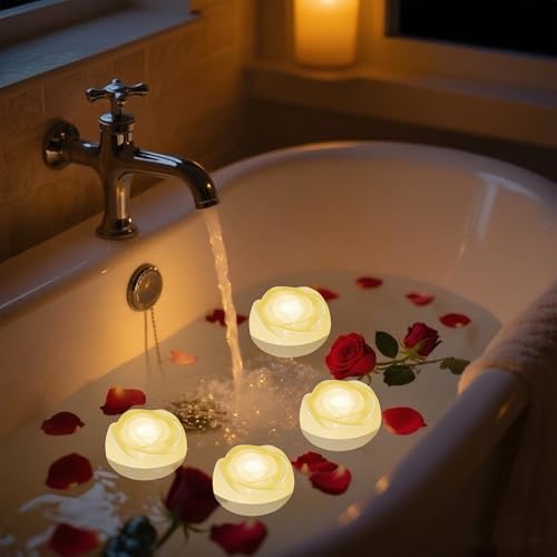 Image of Aignis 12pcs Flameless LED Floating Candles, Ivory Rose Plastic Tealights Battery Operated, 120+ Hours Glow Time, Cozy Light for Romantic Pool /Bathtub /Hot Bath /Wedding Centerpiece Decor(D2.83*H1.42)