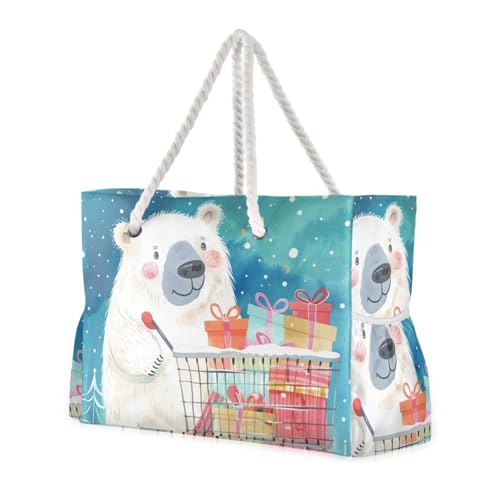 Polar Bears Give Gifts Sandproof Tote Bag With Pockets with side pocketes Travel Bag Beach for Pool Gym Grocery Travel