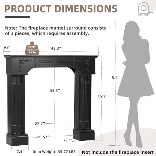 Image of Modern Black Freestanding Fireplace Mantel Surround - Waterproof, Anti-Tipping Premium MDF Mantel with Leg for Living Room Decor