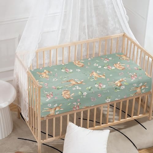 Image of Woodland Fawn Fitted Crib Sheet Baby Deer Standard Crib Mattress Fitted Sheet Forest Animals Toddler Bed Mattress Sheets for Boys Girls 28 inchx52 inch