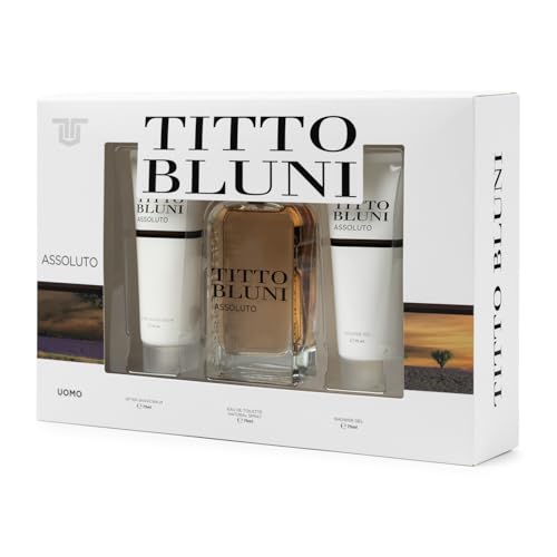 TITTO BLUNI - Assoluto Uomo Colonia 75 ml + After Shave 75 ml + Gel de Baño 75 ml, Estuche de Regalo Hombre, Eau de Toilette Natural y Masculina, Aroma Floral Amaderado, Fragancia Fresca y Duradera