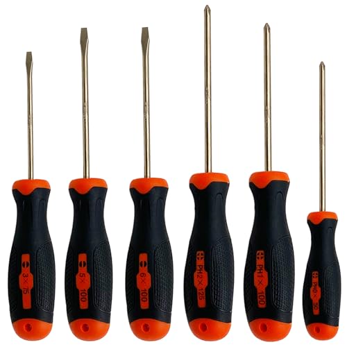 WEDO 6-Piece Non-Sparking Screwdriver Set, Flat Head(3X75mm,5X100mm,6X100mm),Phillips Head (PH0*50mm,PH1*100mm,PH2*125mm), Aluminum Bronze, Fiberglass Handle, Hand Tools Set