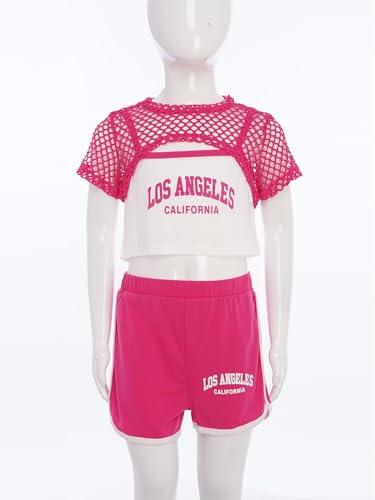 Kids Girls 3 Piece Summer Outfits Cami Tank Top See Through Mesh Fishnet Shirt with Gym Shorts Set Tracksuit Hot Pink 9-10 Years3