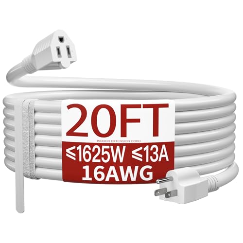 Image of 16 /3 White Extension Cord 20 FT, Indoor Extension Cord Flexible & Durable, 3 Prong Power Cable, Suitable for Home and Office, 13 Amp 1625 Watt 125VAC 16AWG, ETL Listed