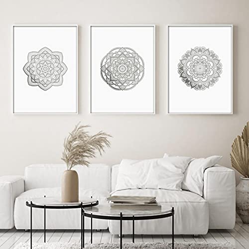 Art mural gris toile premium motif mandala fleurs pour décoration élégante