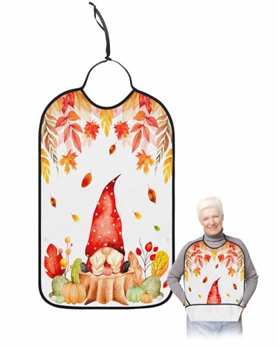 LEOKOTI Fall Thanksgiving Gnomes Adult Bibs for Eating, Waterproof Bibs with Food Catcher & Adjustable Snap Closure, Orange Red Maple Leaf Washable Clothing Protectors Adult Bibs for Elderly Women/Men