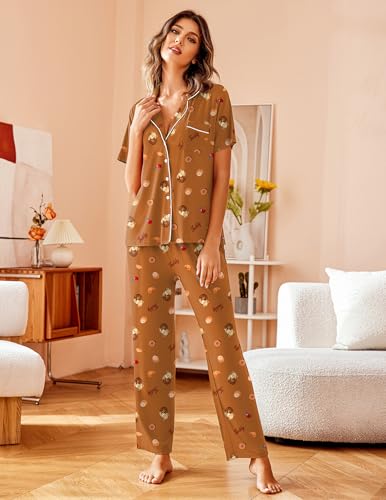 Image of Avidlove Women Pajamas Set Notch Collar Soft Sleepwear Pjs Short Sleeve Button Down Nightwear with Long Pants