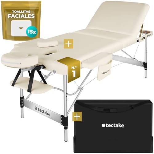 TecTake® Camilla Masaje Plegable y Ajustable en Altura, Camilla Fisioterapia, Estructura Ligera de Aluminio, Camilla Estetica Profesional, Acolchado Resistente al Agua y Aceite - Ancho 70 cm Beige